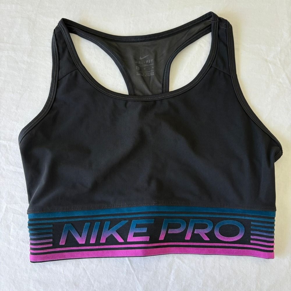 Nike Pro Dri-FIT Racerback Sports Bra Black Velour Band Gradient Logo Medium
